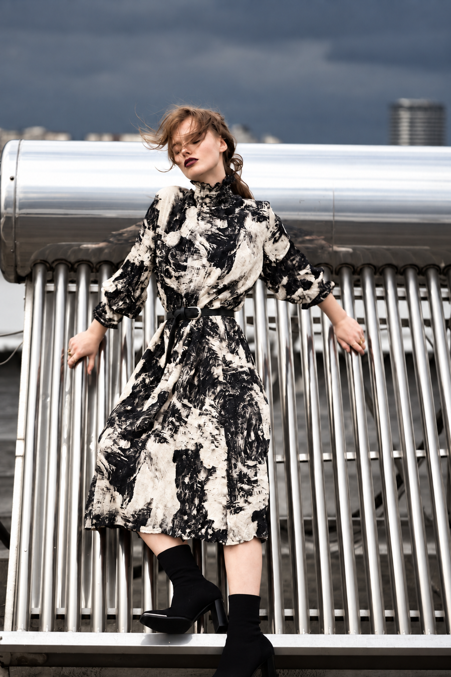 Black puff-sleeve printed dress with consistent black and ivory colour