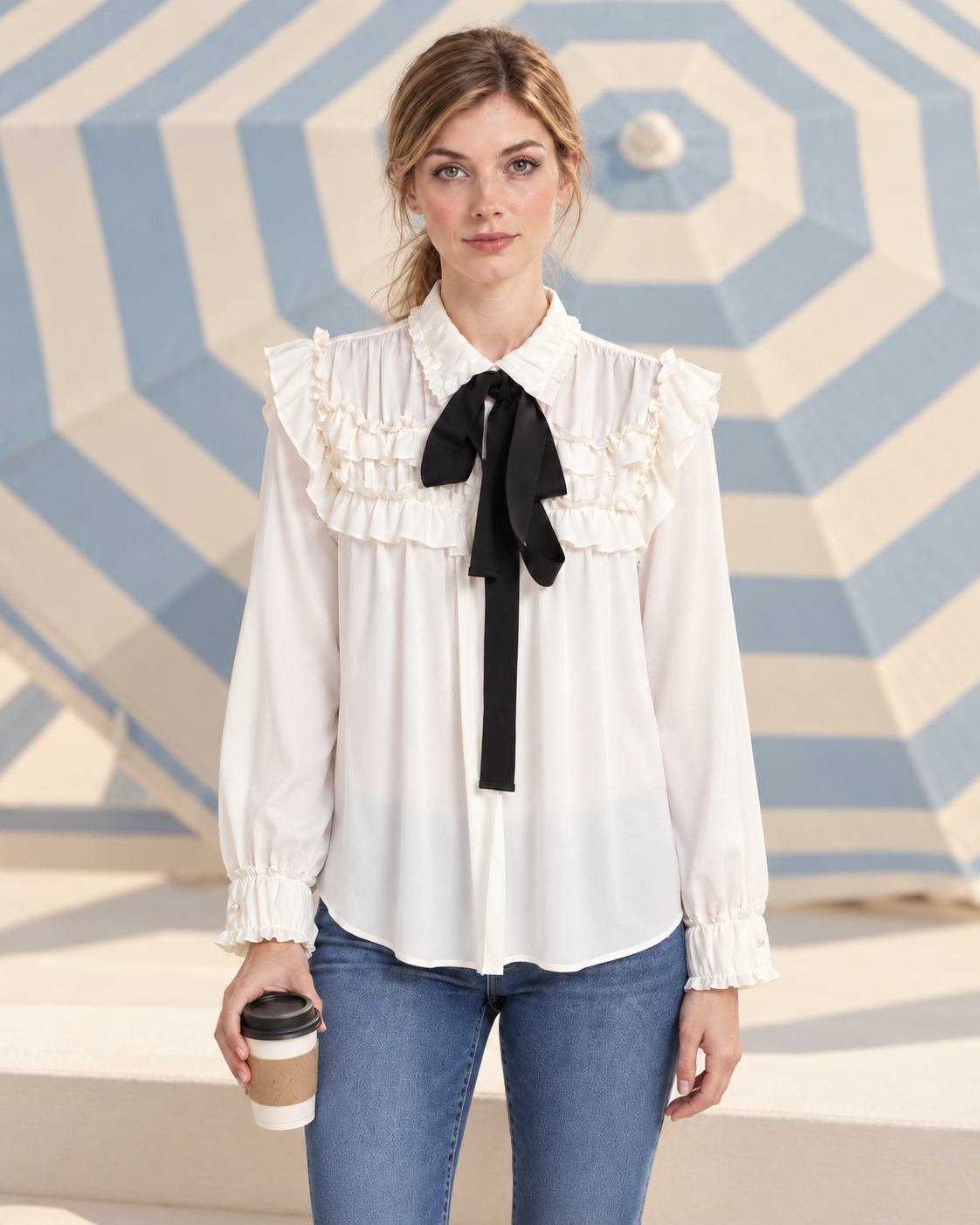 Black Mock-Neck Top front view with powder blue striped parasol