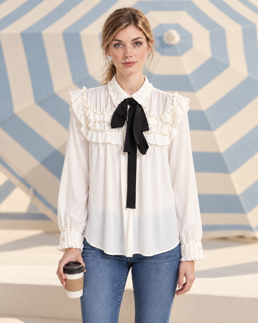 Black Mock-Neck Top front view with powder blue striped parasol