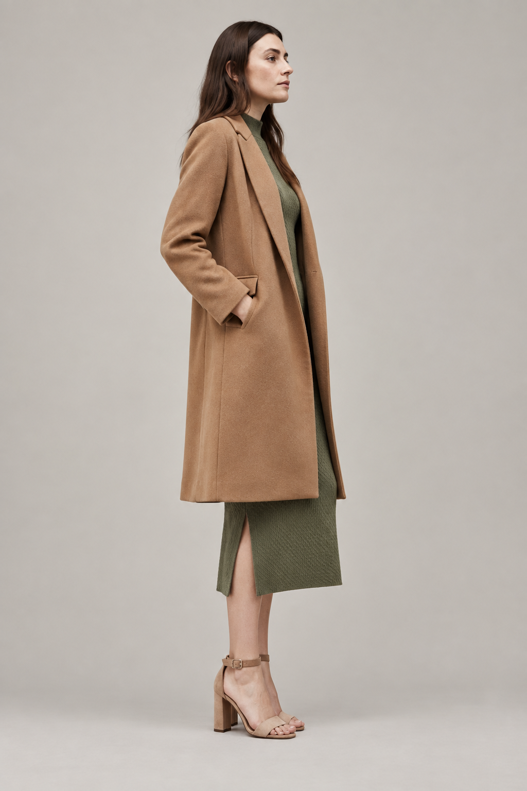 Camel coat side view