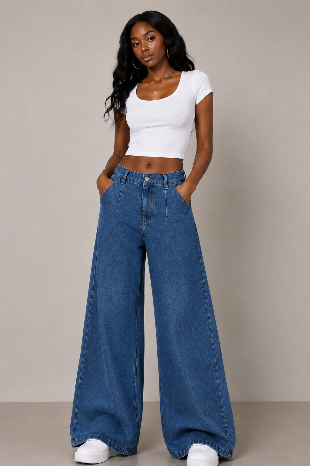 Blue Wide-Leg Casual Pants