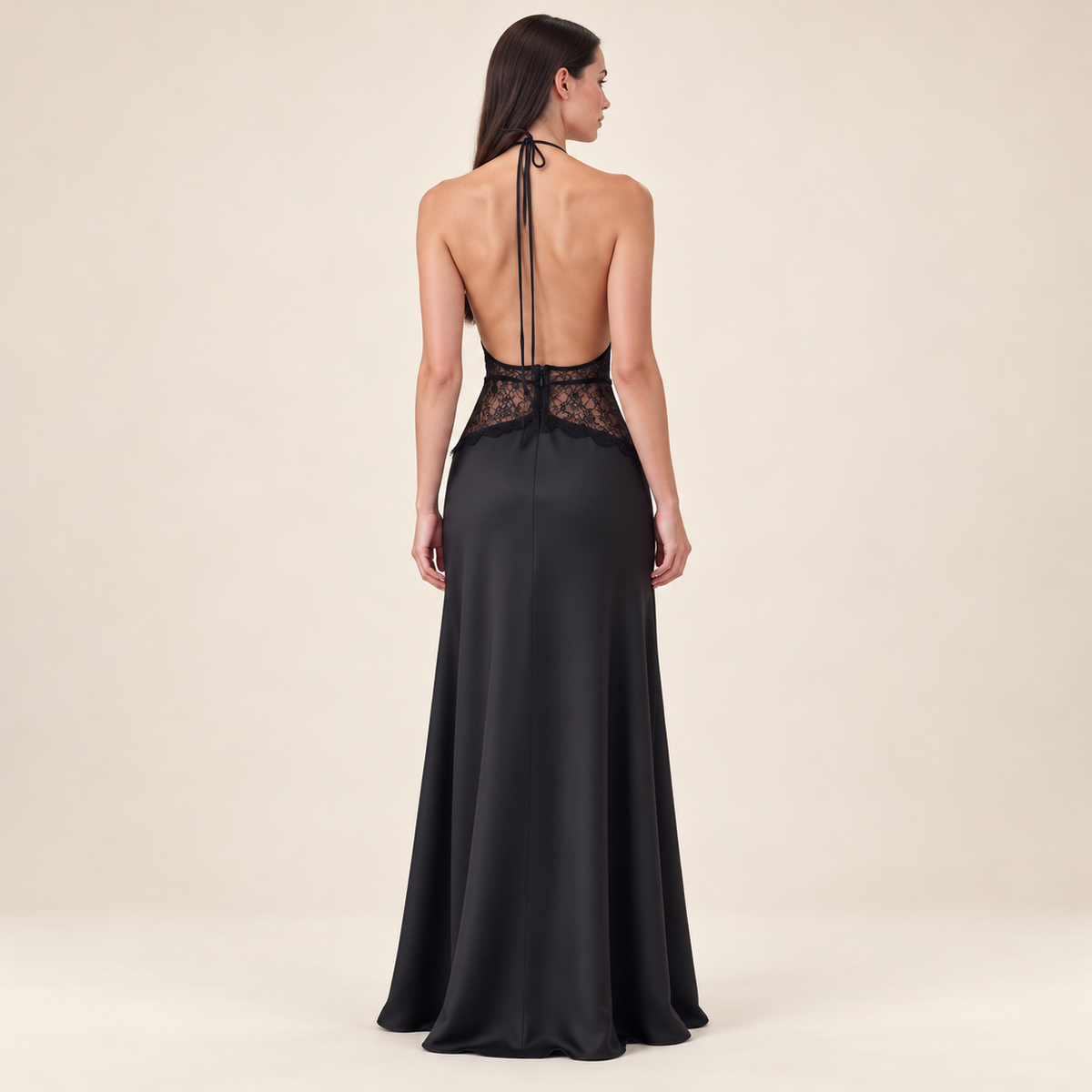 Lace Halter Maxi Dress – Black – back view