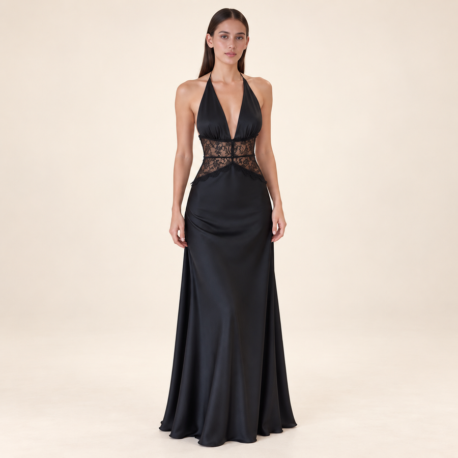 Lace Halter Maxi Dress – Black – front view