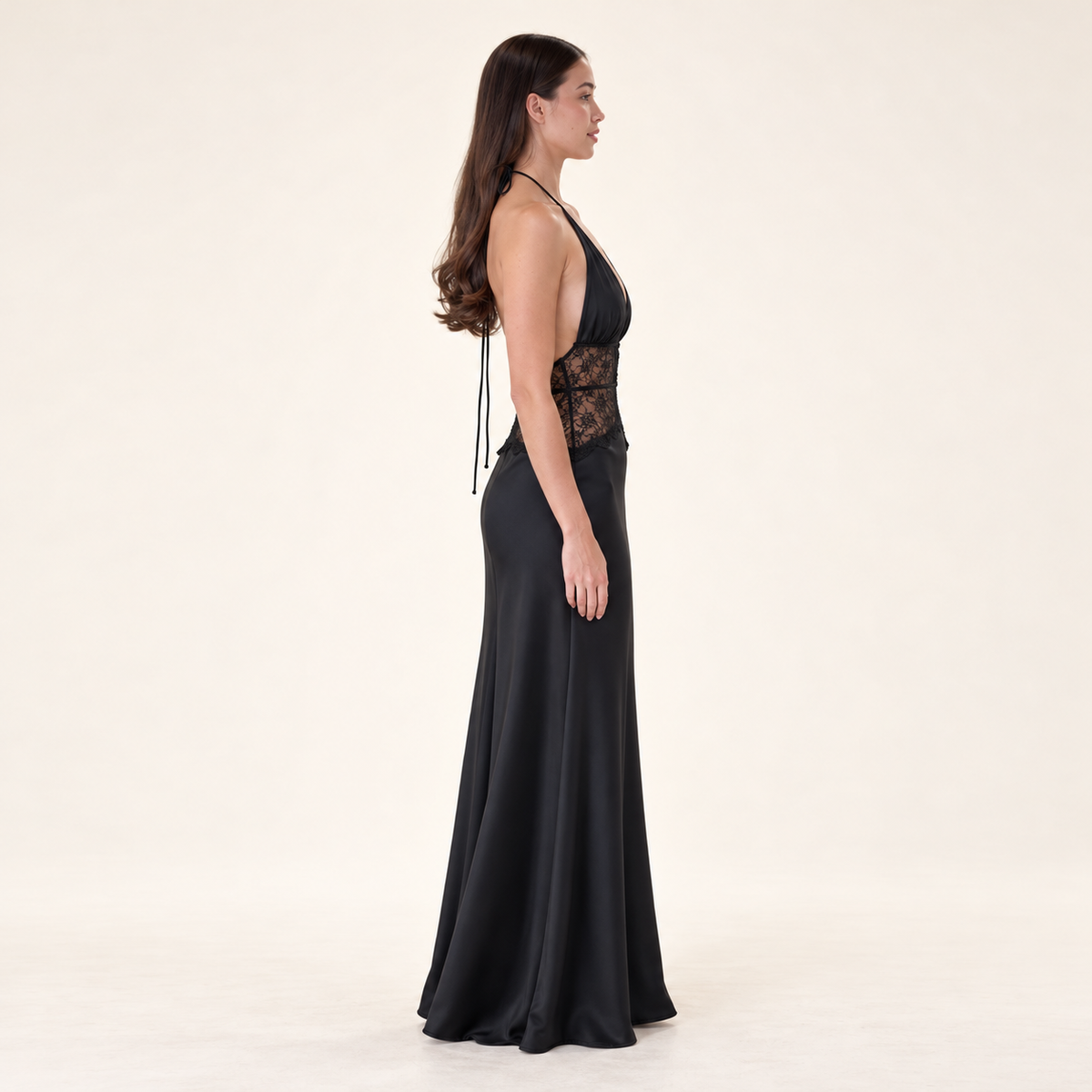 Lace Halter Maxi Dress – Black – side view