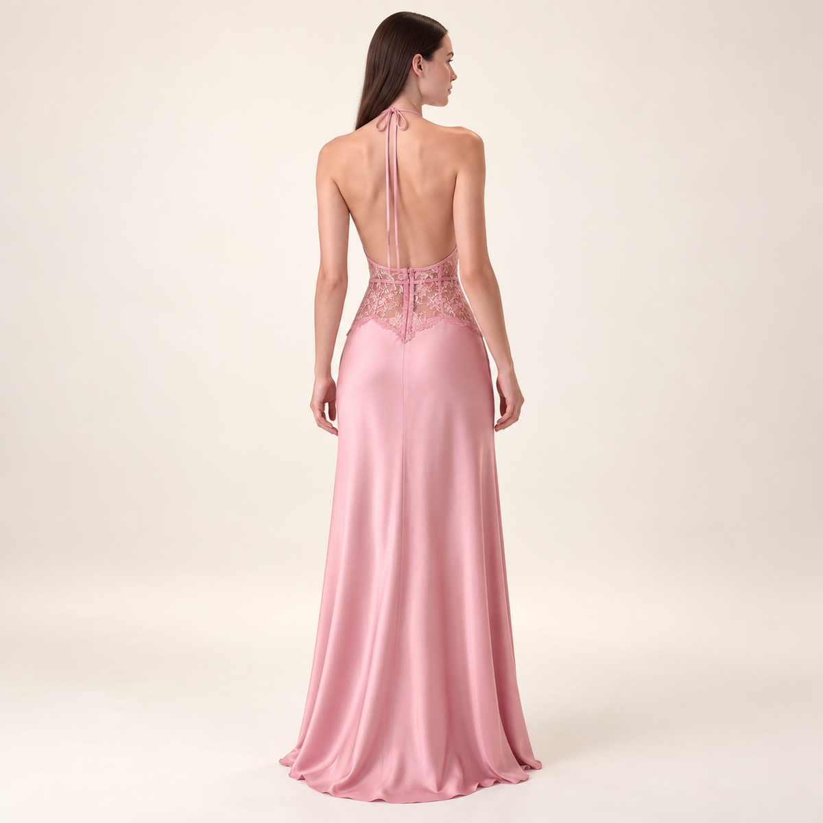 Lace Halter Maxi Dress – Pink – back view