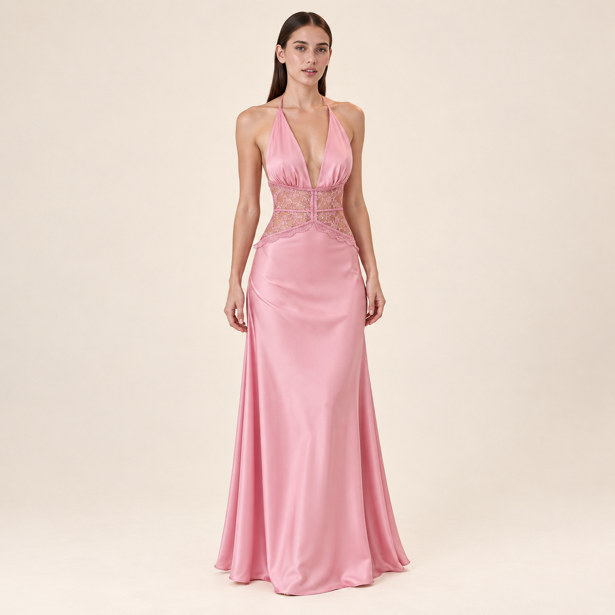 Lace Halter Maxi Dress – Pink – front view