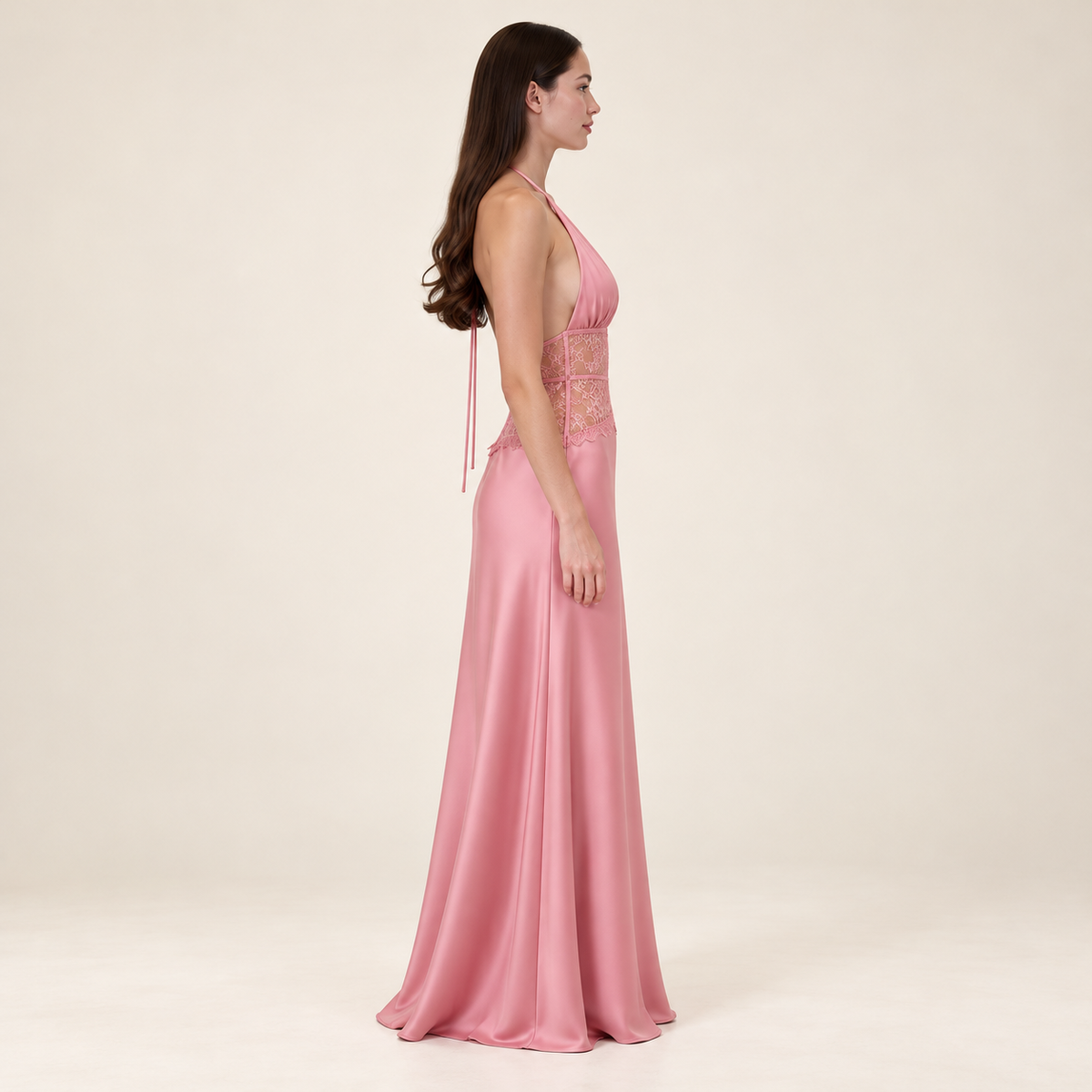 Lace Halter Maxi Dress – Pink – side view