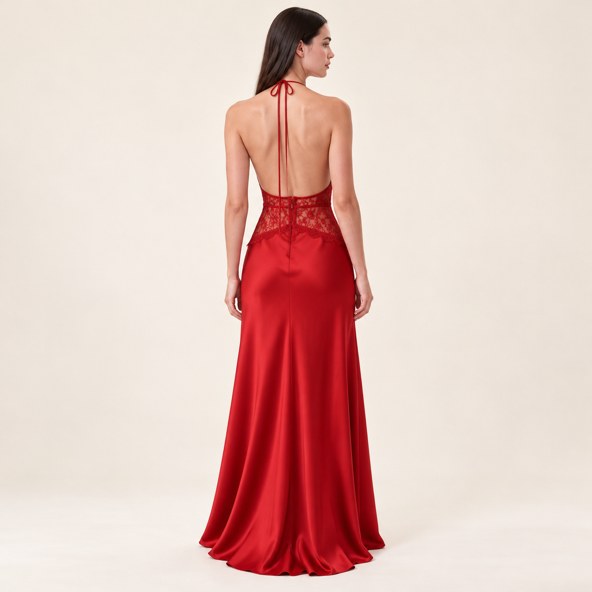 Lace Halter Maxi Dress – Red – back view