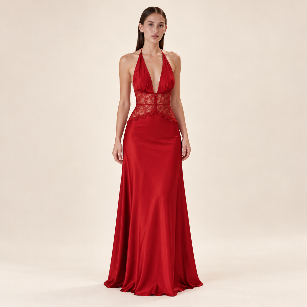 Lace Halter Maxi Dress – Red – front view