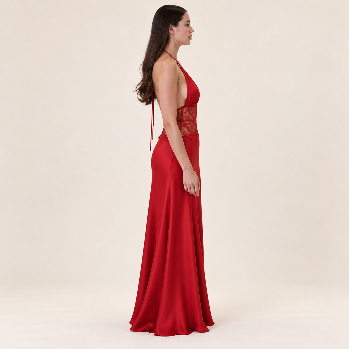 Lace Halter Maxi Dress – Red – side view