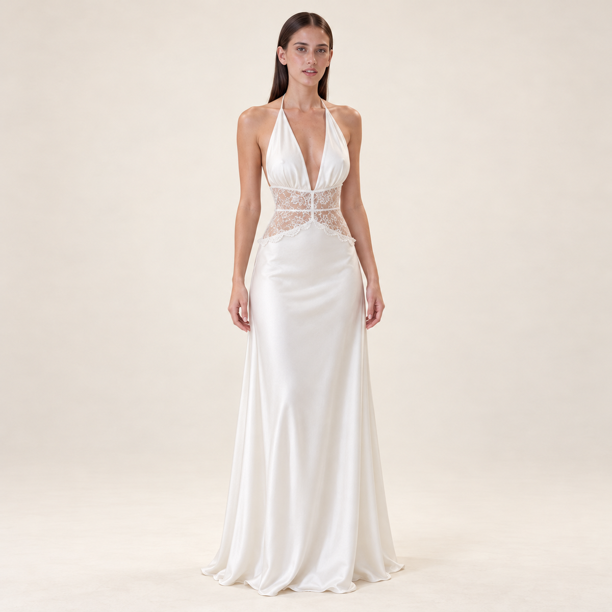 Lace Halter Maxi Dress – White – front view
