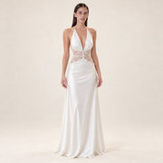 Lace Halter Maxi Dress – White – front view