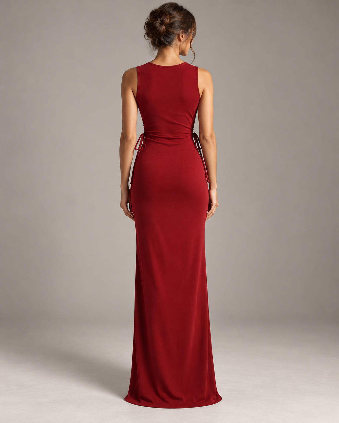Deep-red fitted maxi dress back view