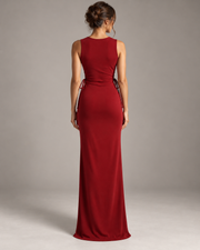 Deep-red fitted maxi dress back view