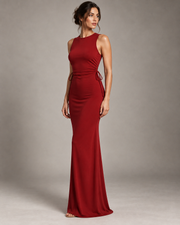 Deep-red fitted maxi dress side view