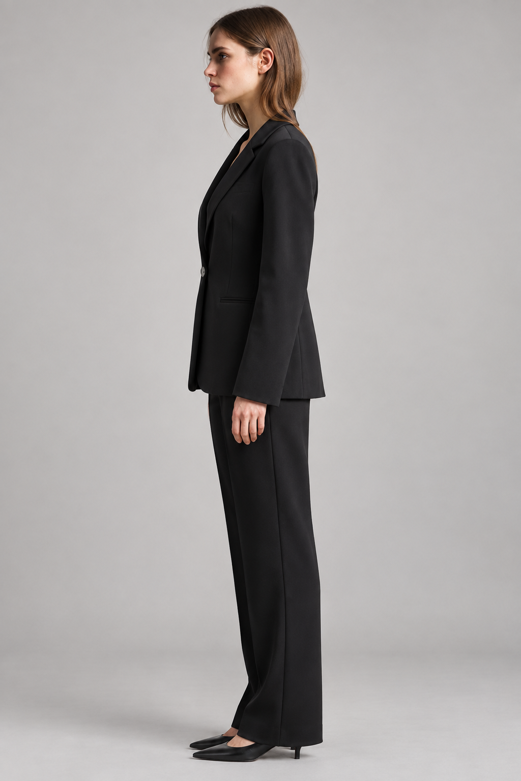 Black tailored blazer — side view