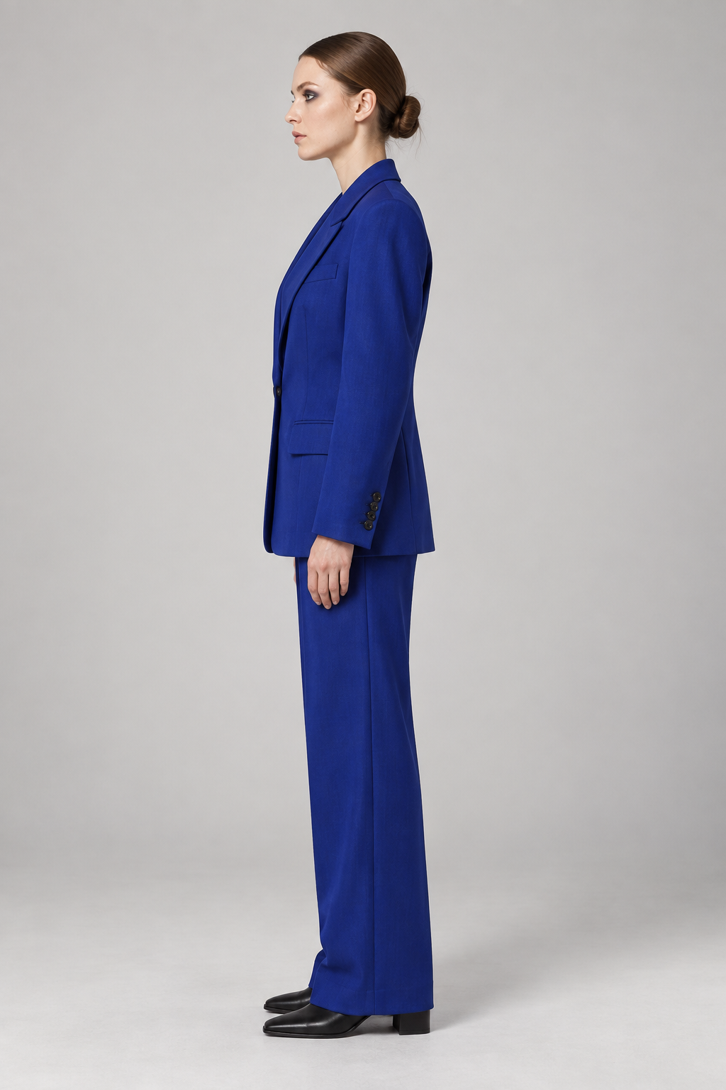 Cobalt-blue tailored blazer — side view