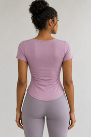 Mauve fitted split-neck top — back view