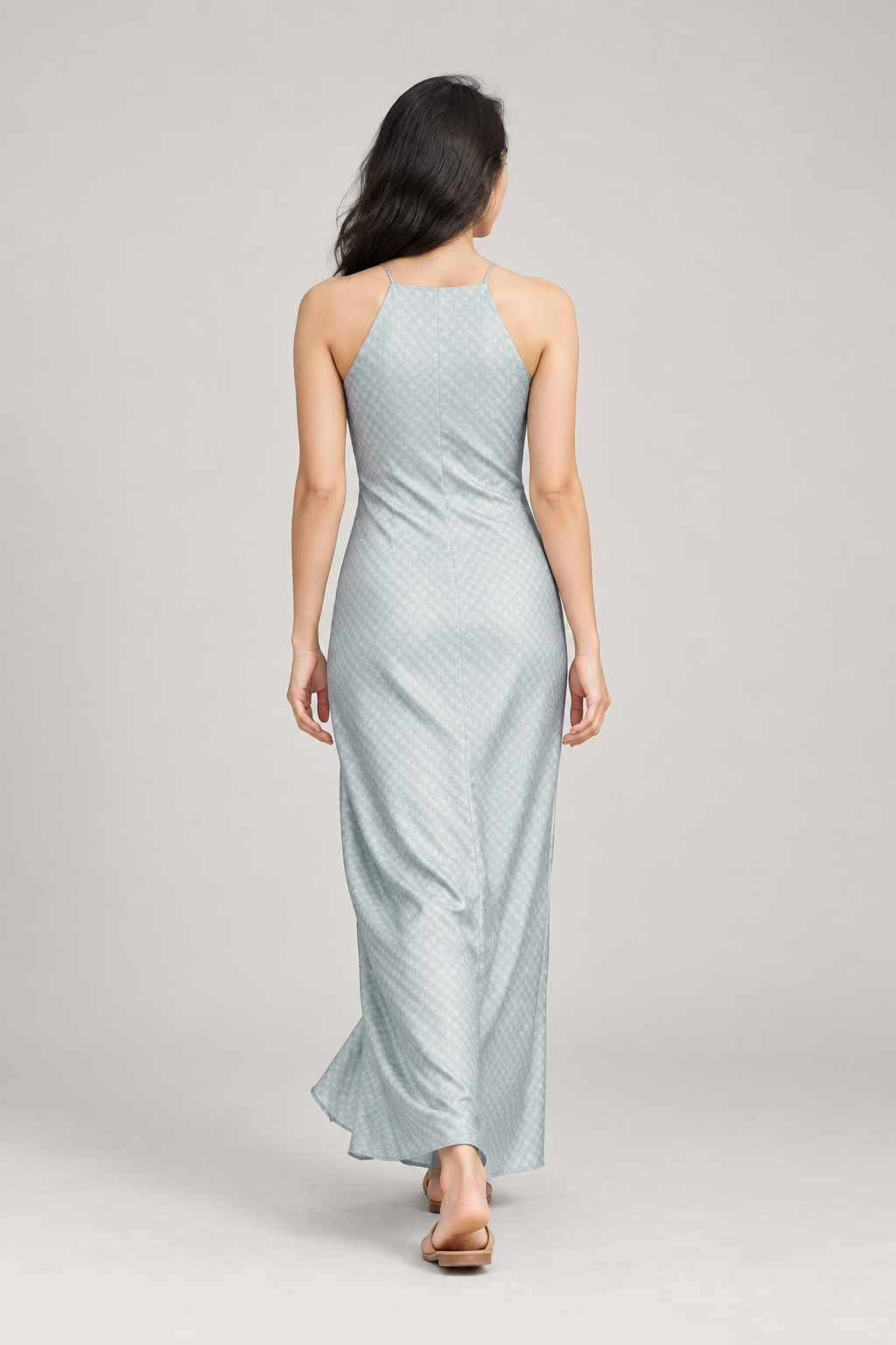Pale blue-grey halter maxi dress — back view