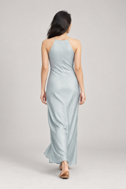 Pale blue-grey halter maxi dress — back view