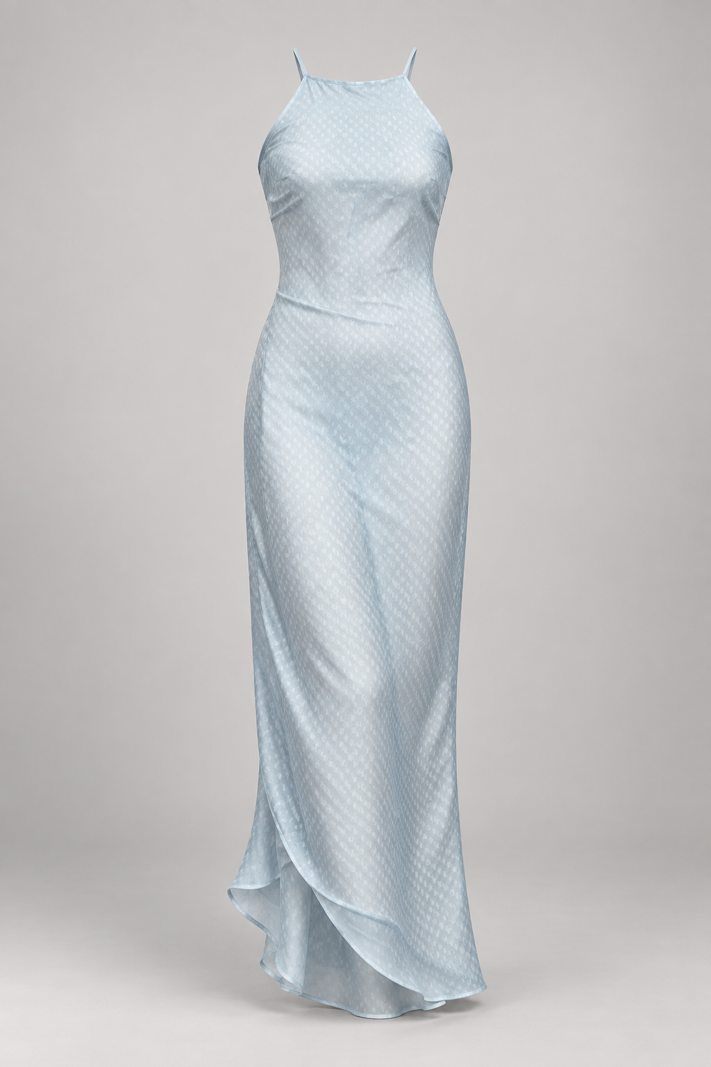 Pale blue-grey halter maxi dress — garment only