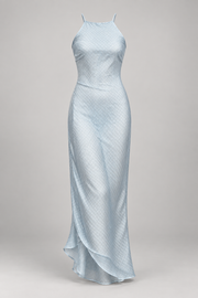 Pale blue-grey halter maxi dress — garment only