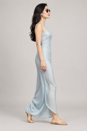 Pale blue-grey halter maxi dress — side view