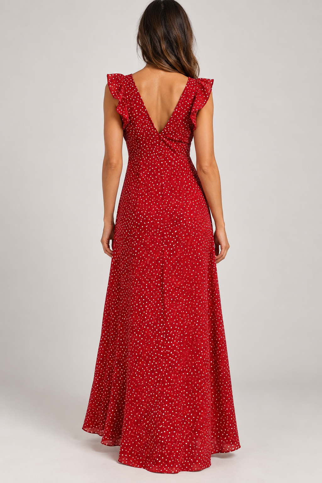 Red polka-dot ruffle maxi dress — back view
