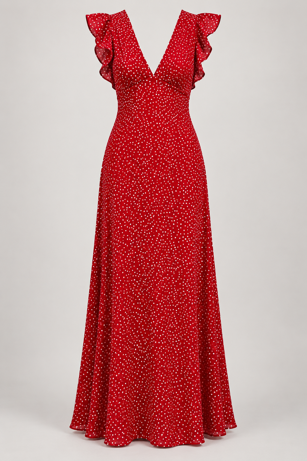 Red polka-dot ruffle maxi dress — garment only