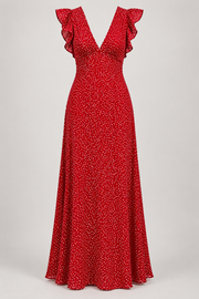 Red polka-dot ruffle maxi dress — garment only