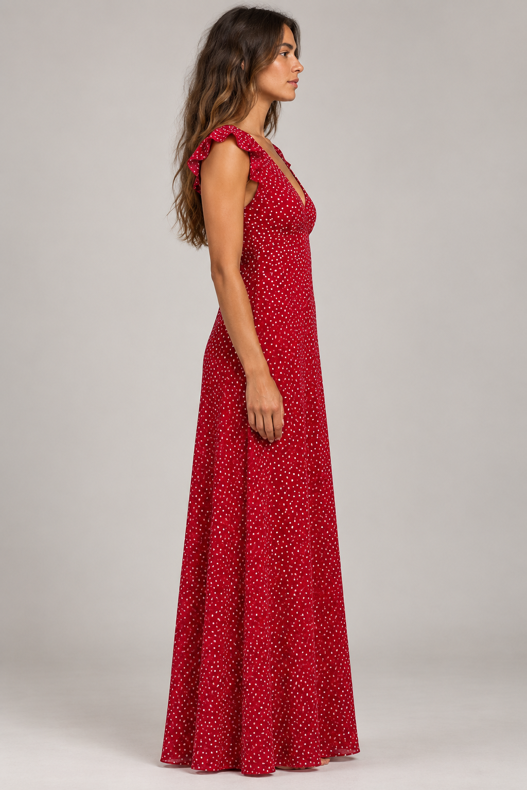 Red polka-dot ruffle maxi dress — side view
