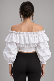 White off-shoulder ruffle crop blouse — back view