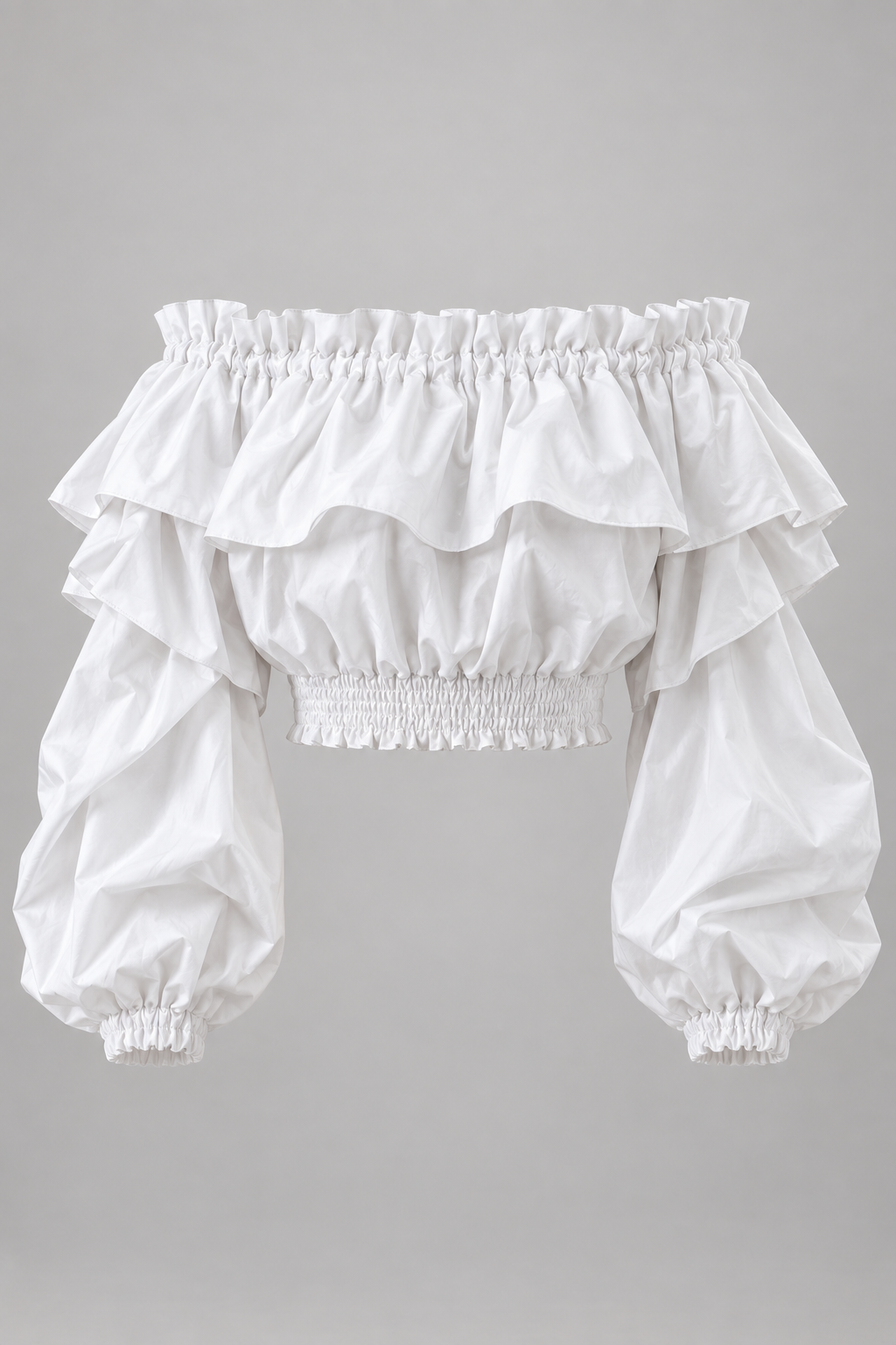 White off-shoulder ruffle crop blouse — garment only