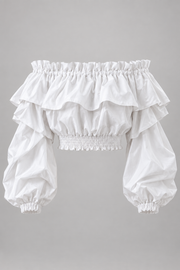 White off-shoulder ruffle crop blouse — garment only