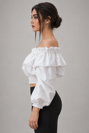 White off-shoulder ruffle crop blouse — side view