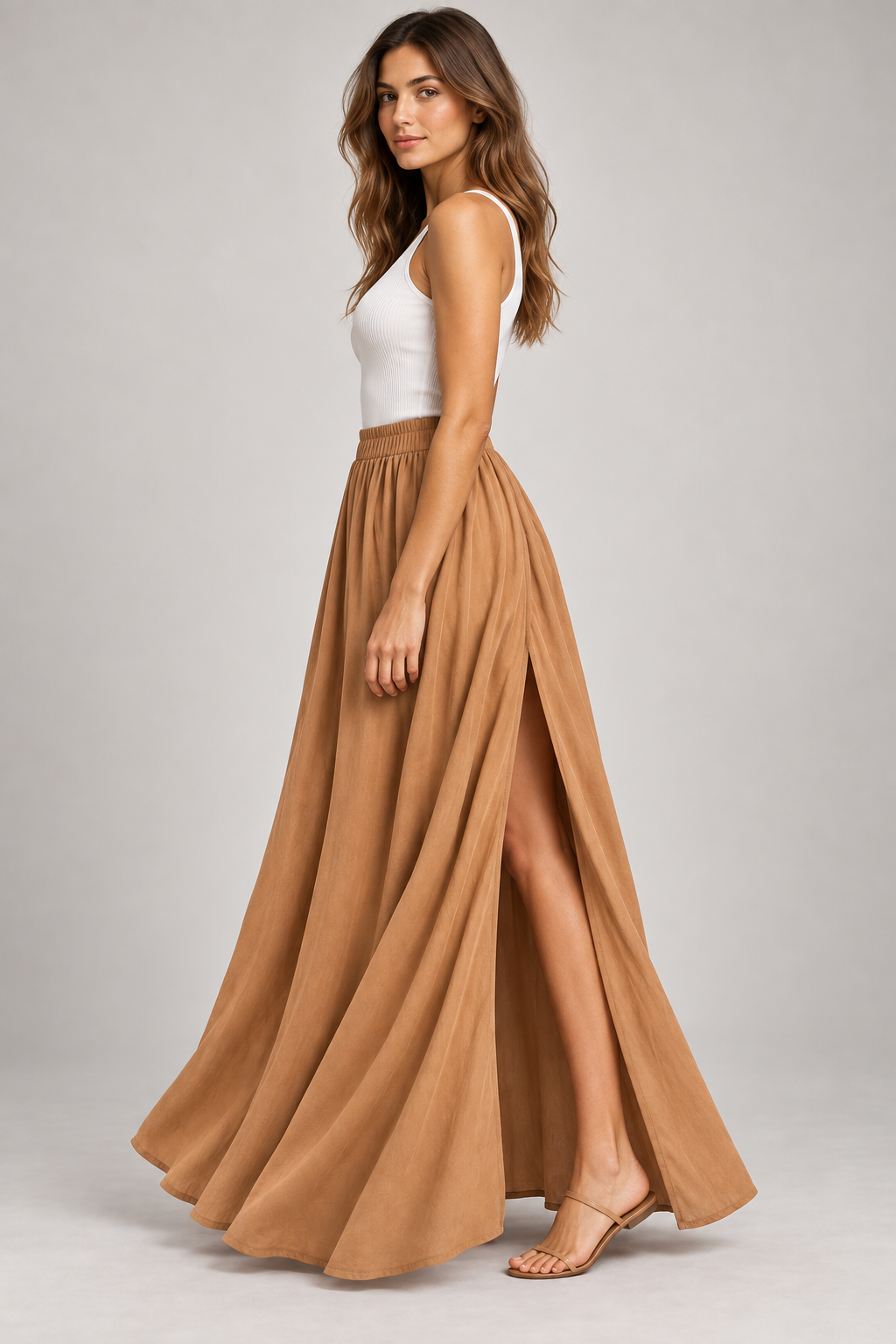 Camel flowing maxi skirt — side view