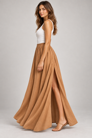 Camel flowing maxi skirt — side view