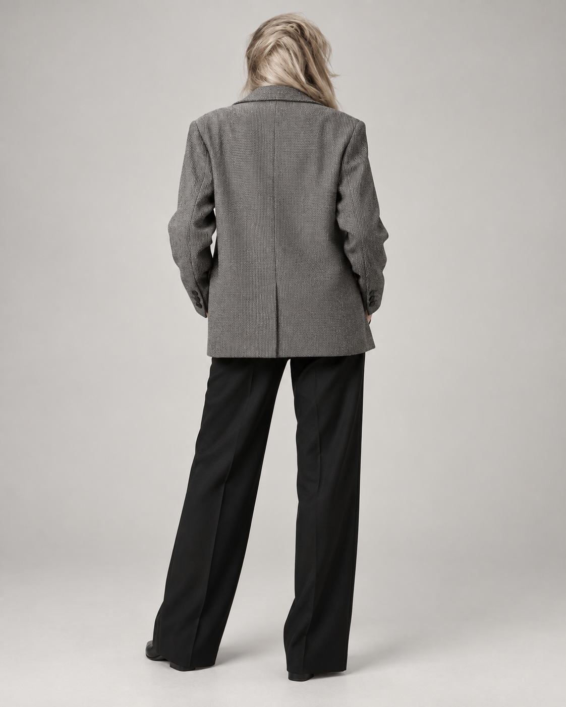 Grey herringbone oversized blazer — back view