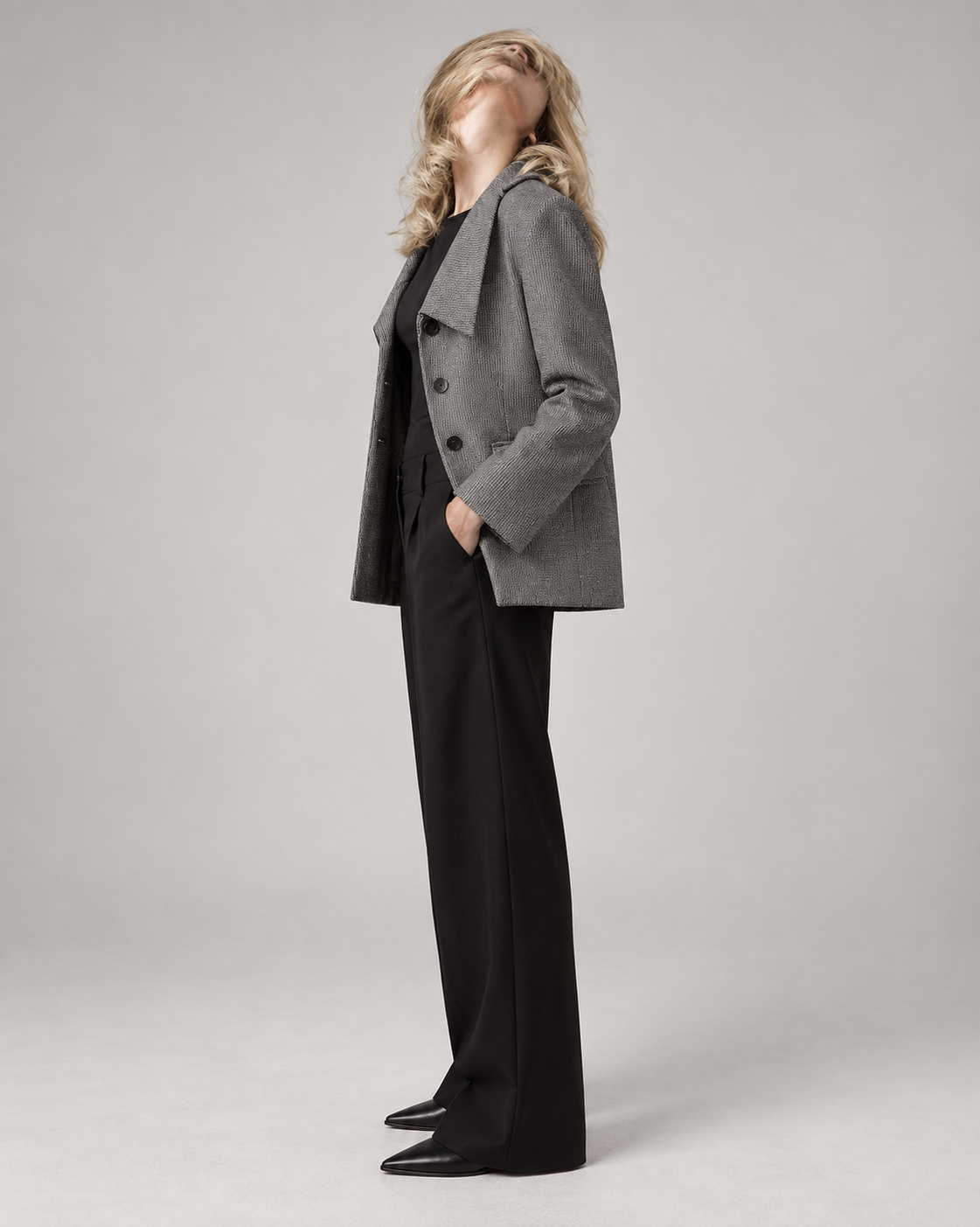 Grey herringbone oversized blazer — side view