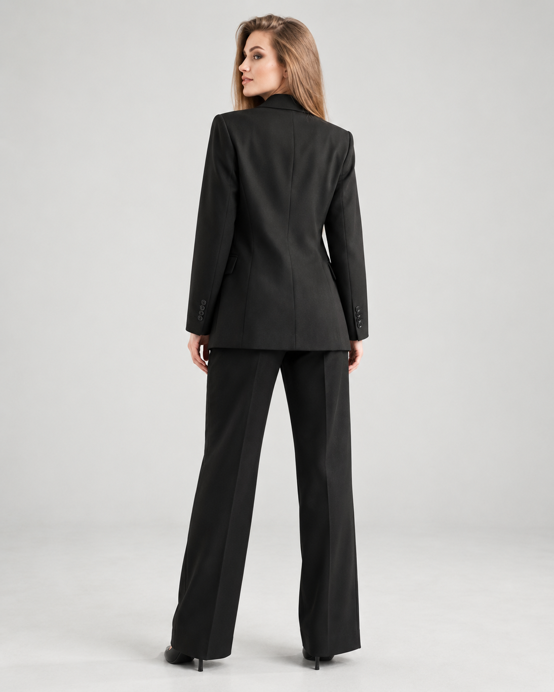 Plain black longline tailored blazer — back view