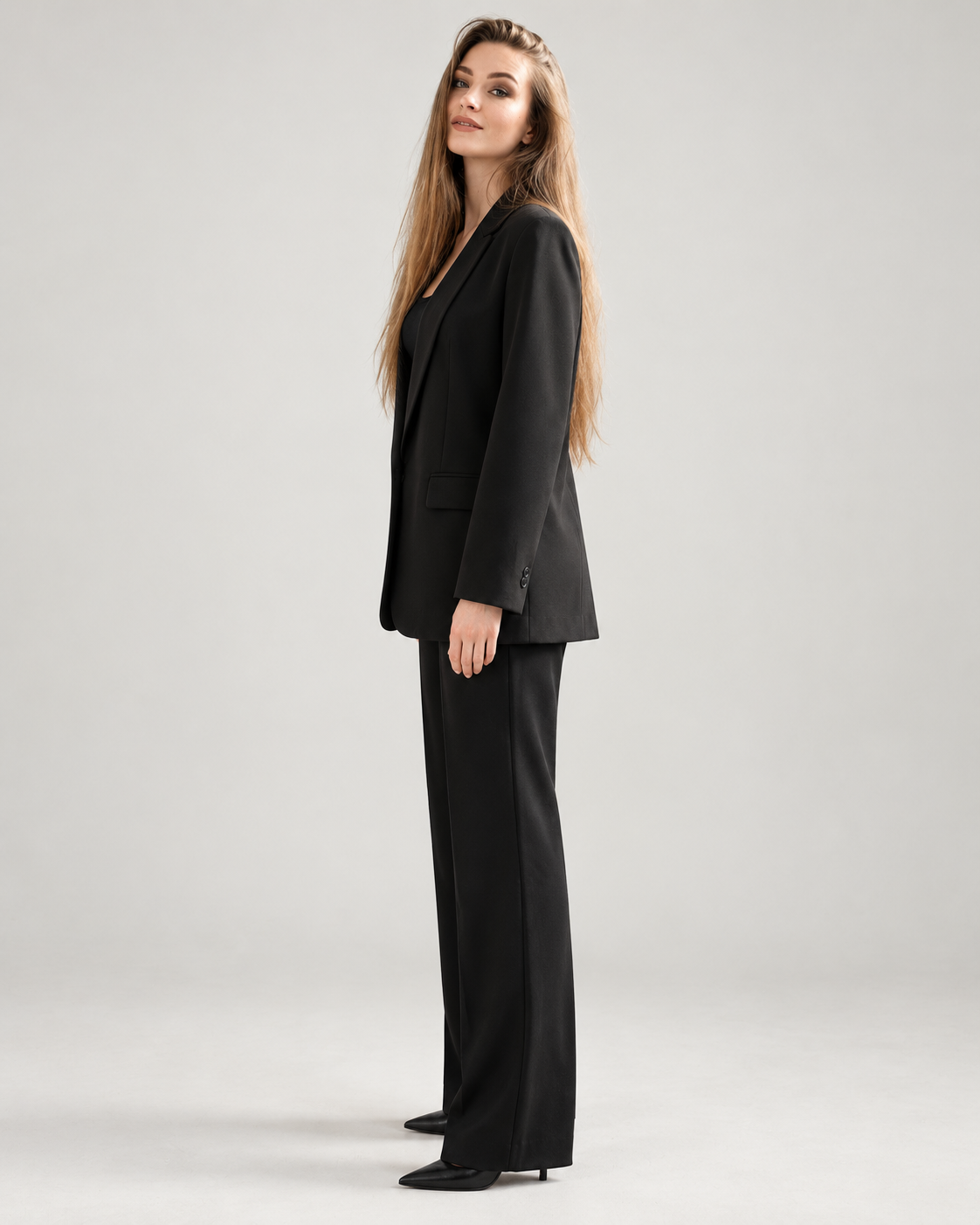 Plain black longline tailored blazer — side view