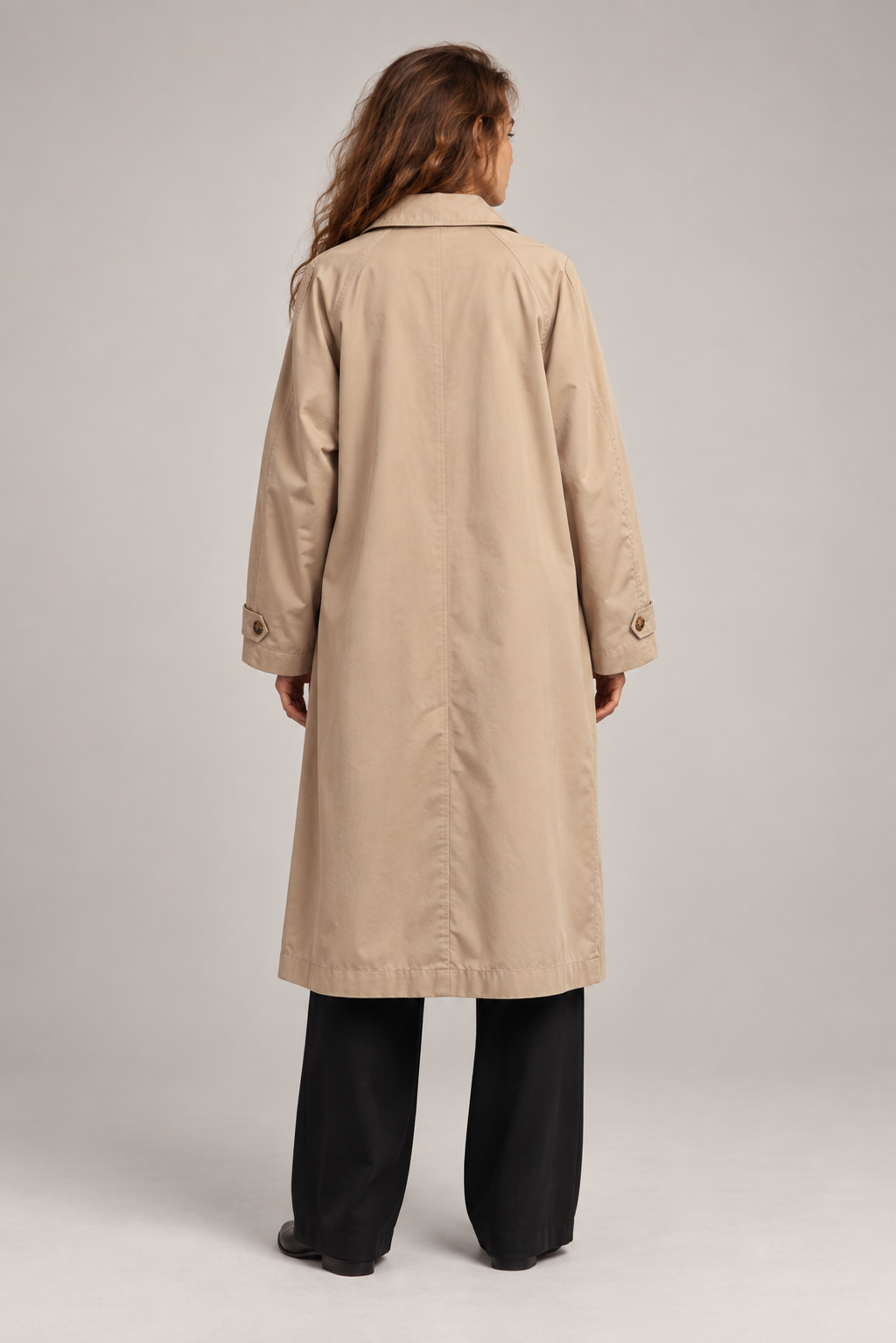 Beige long classic trench coat — back view