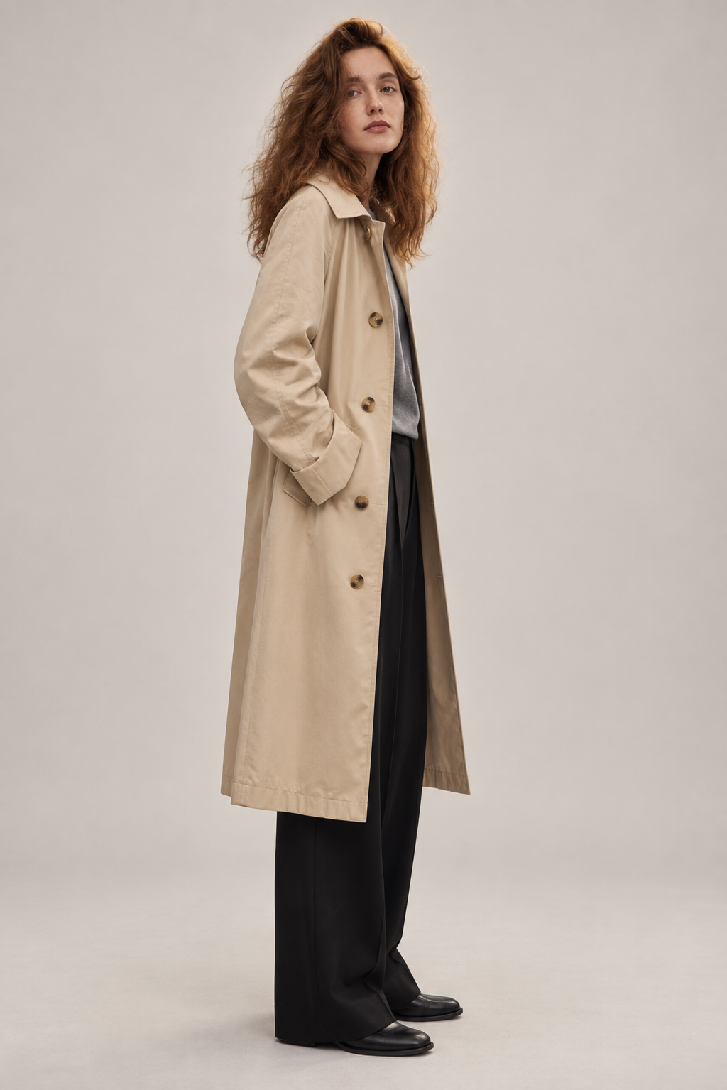 Beige long classic trench coat — side view