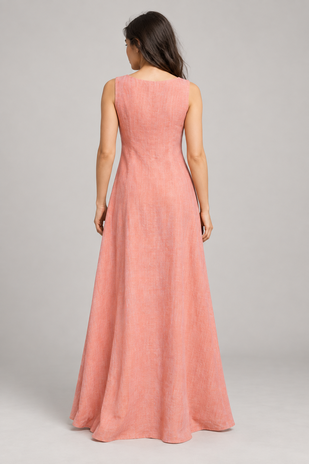 Coral sleeveless linen maxi dress — back view