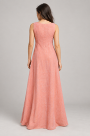 Coral sleeveless linen maxi dress — back view