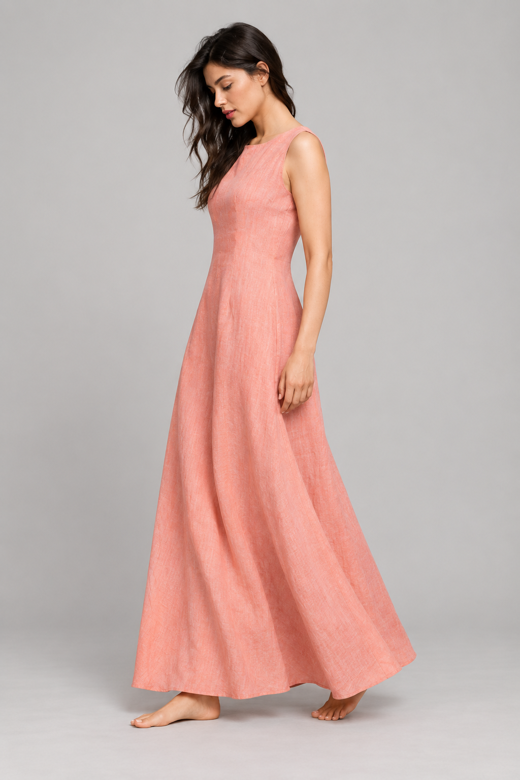 Coral sleeveless linen maxi dress — side view