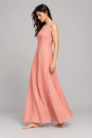 Coral sleeveless linen maxi dress — side view
