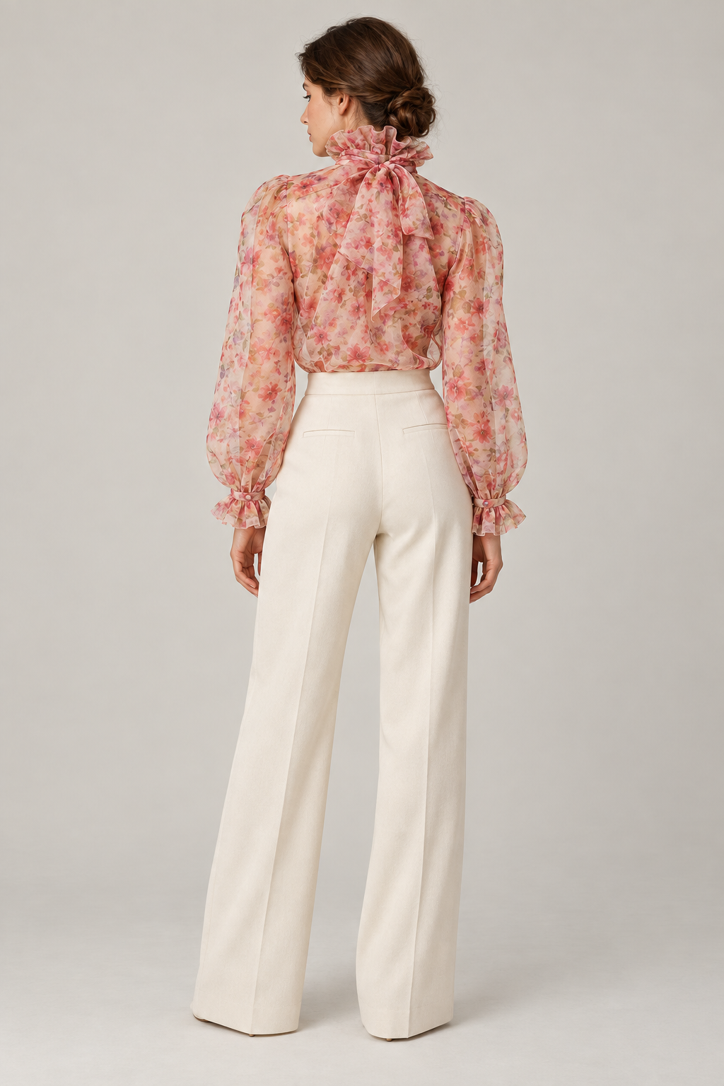 Sheer floral ruffle-bow blouse — back view