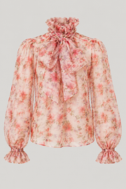 Sheer floral ruffle-bow blouse — garment only