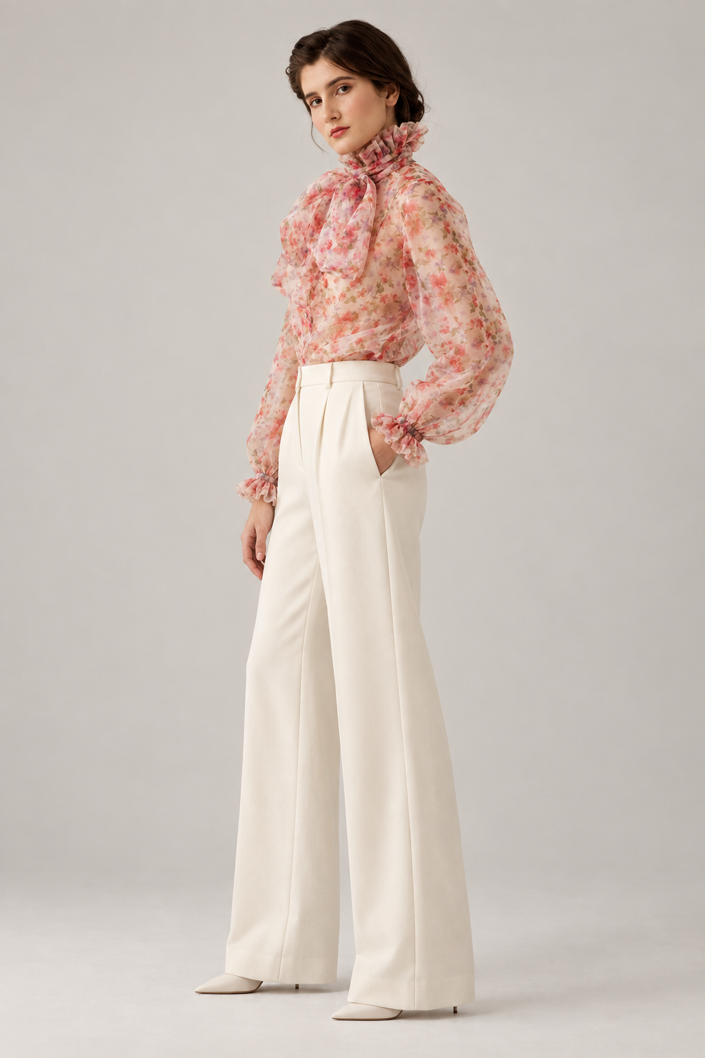Sheer floral ruffle-bow blouse — side view